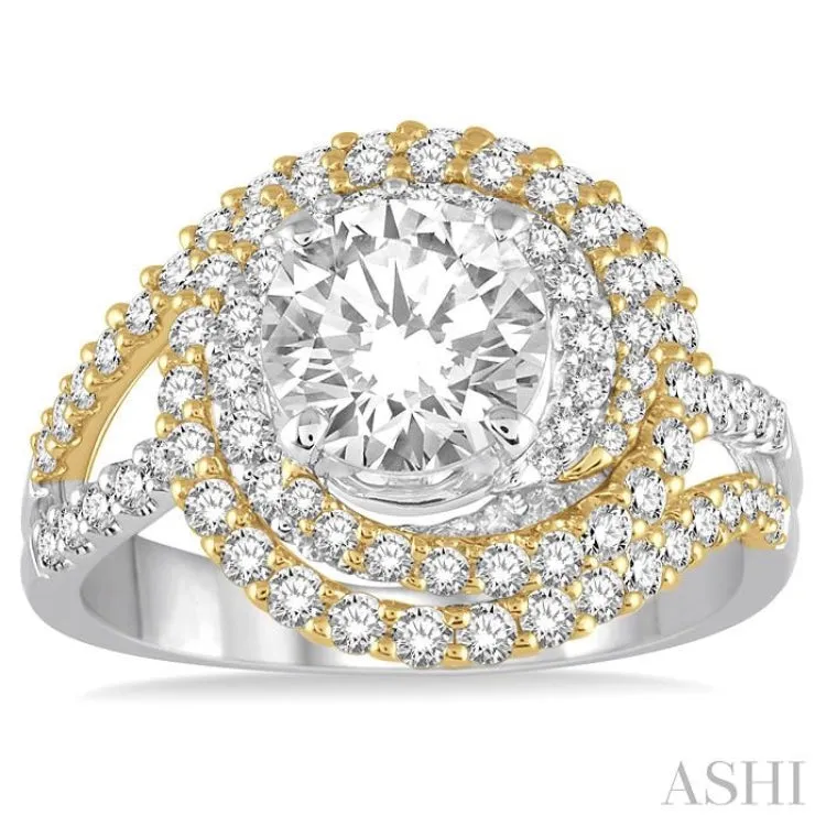 1 1/5 Ctw Round Cut Diamond Semi-Mount Engagement Ring in 14K White and Yellow Gold