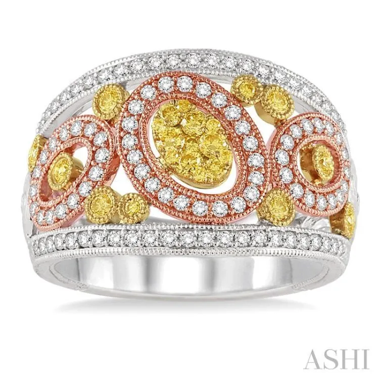 1 Ctw Round Cut Yellow and White Diamond Fashion Ring in 14K Tri Color Gold