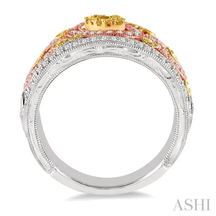 1 Ctw Round Cut Yellow and White Diamond Fashion Ring in 14K Tri Color Gold