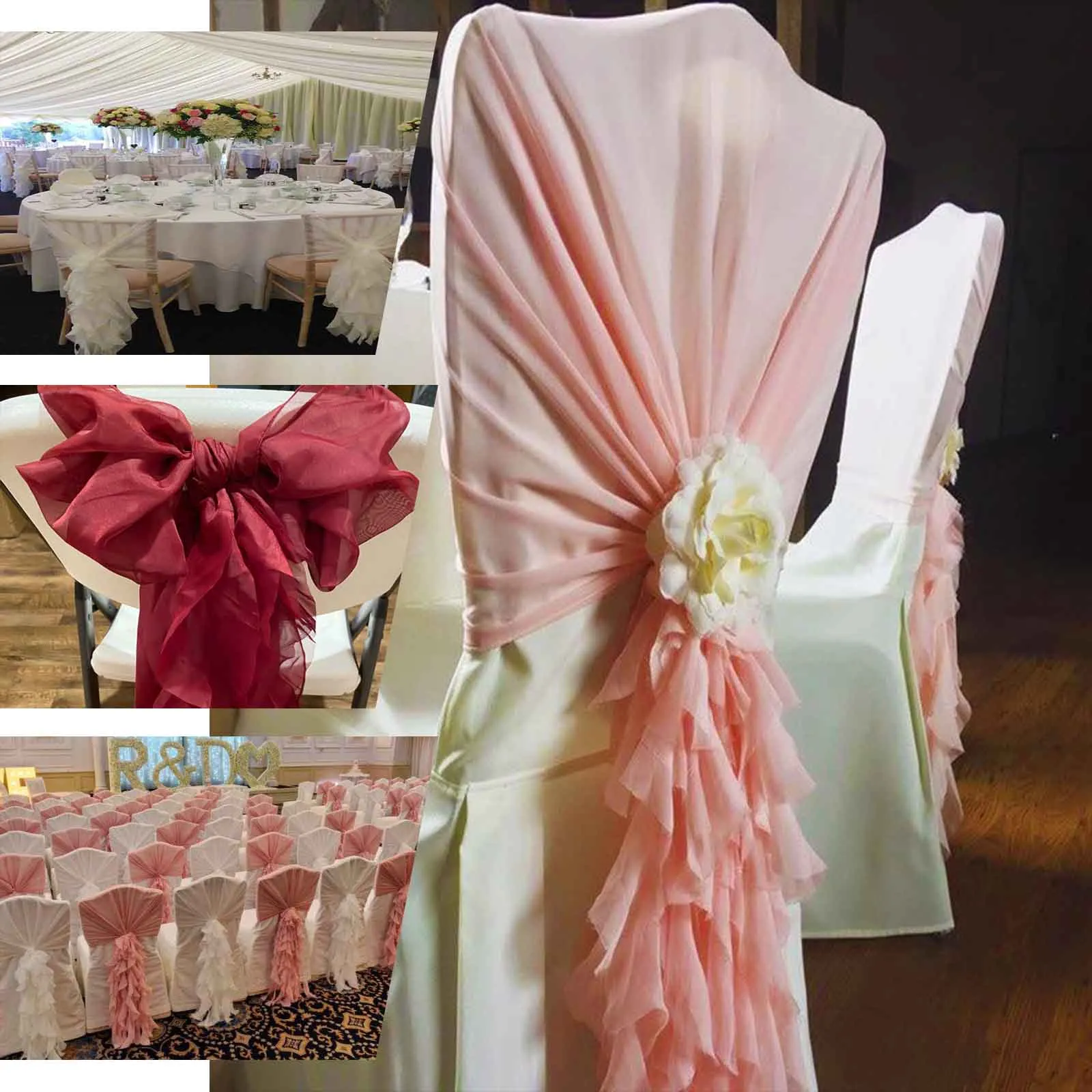 1 Set Blush Chiffon Hoods With Ruffles Willow Chair Sashes