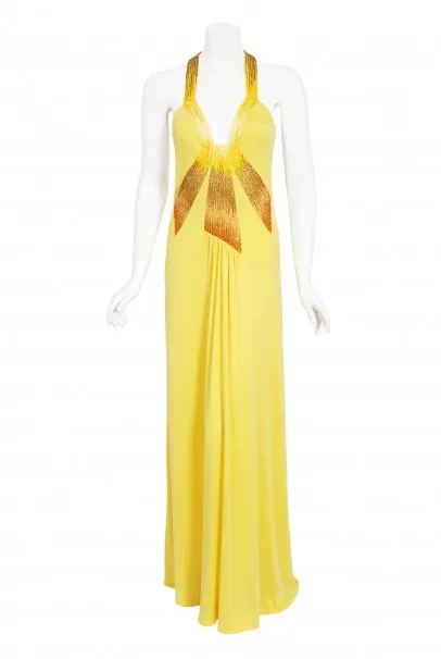 1970's Loris Azzaro Couture Yellow Ombre Beaded Silk-Jersey Halter Gown