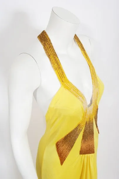 1970's Loris Azzaro Couture Yellow Ombre Beaded Silk-Jersey Halter Gown