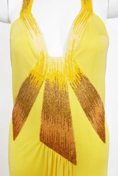 1970's Loris Azzaro Couture Yellow Ombre Beaded Silk-Jersey Halter Gown