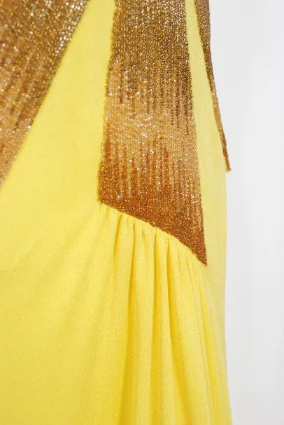 1970's Loris Azzaro Couture Yellow Ombre Beaded Silk-Jersey Halter Gown