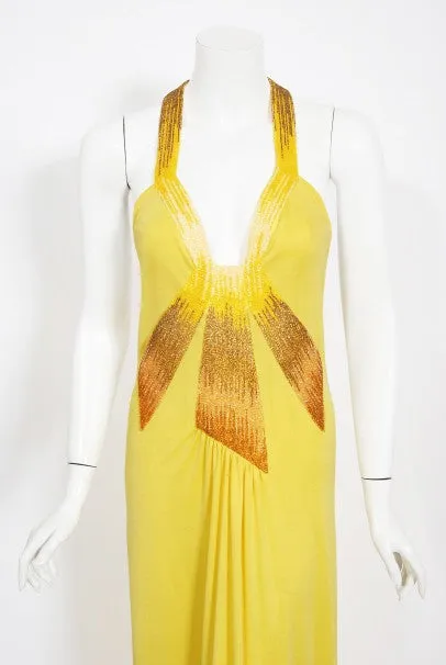 1970's Loris Azzaro Couture Yellow Ombre Beaded Silk-Jersey Halter Gown