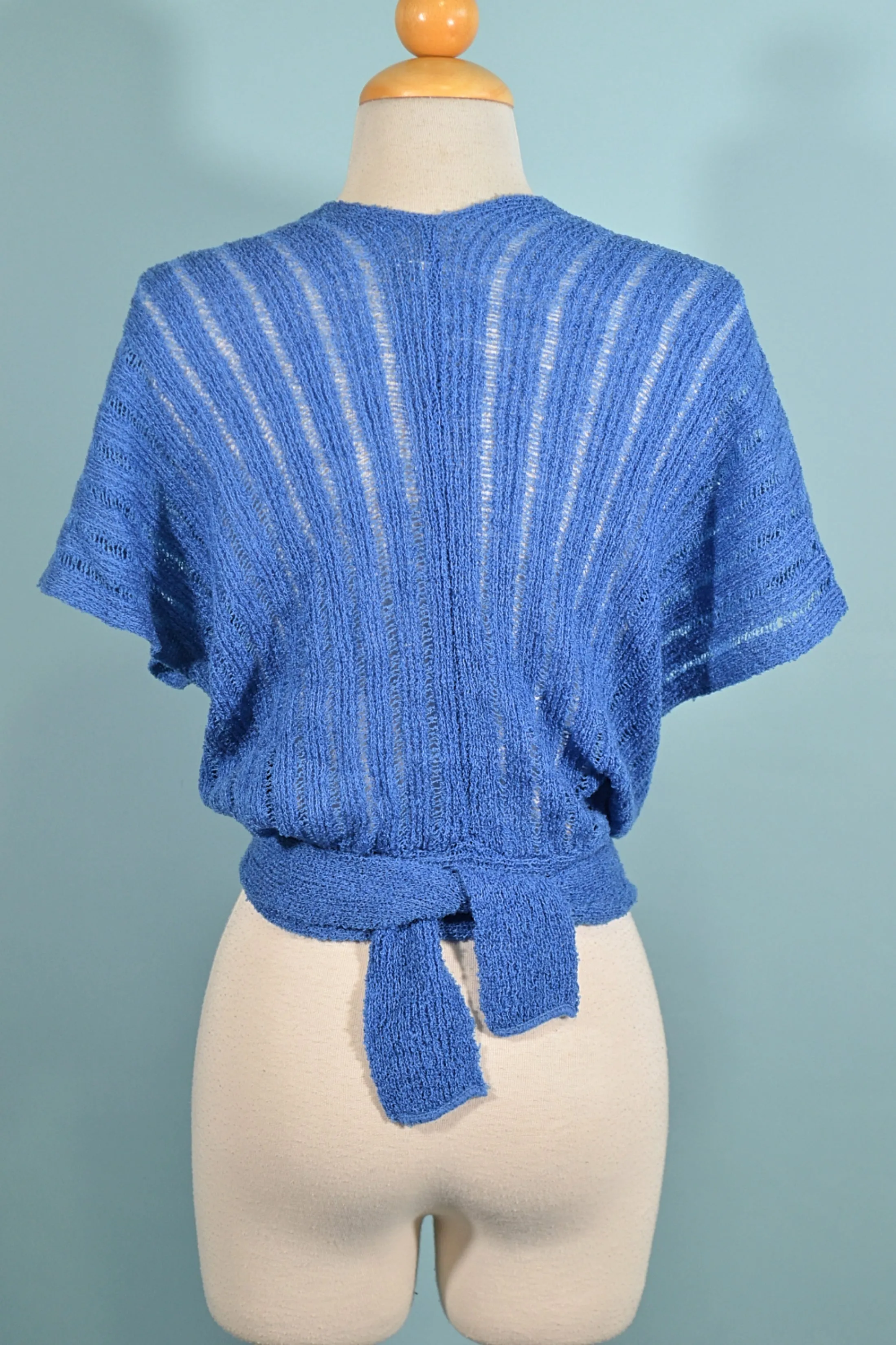 60s/70s Blue Knit Crop Top, Wrap Front M