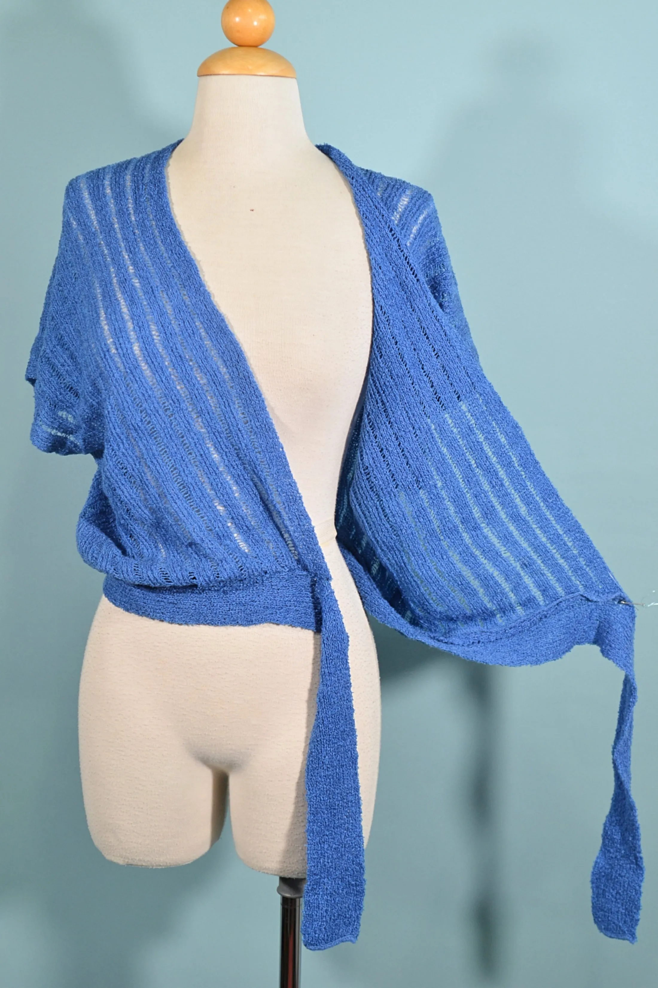 60s/70s Blue Knit Crop Top, Wrap Front M