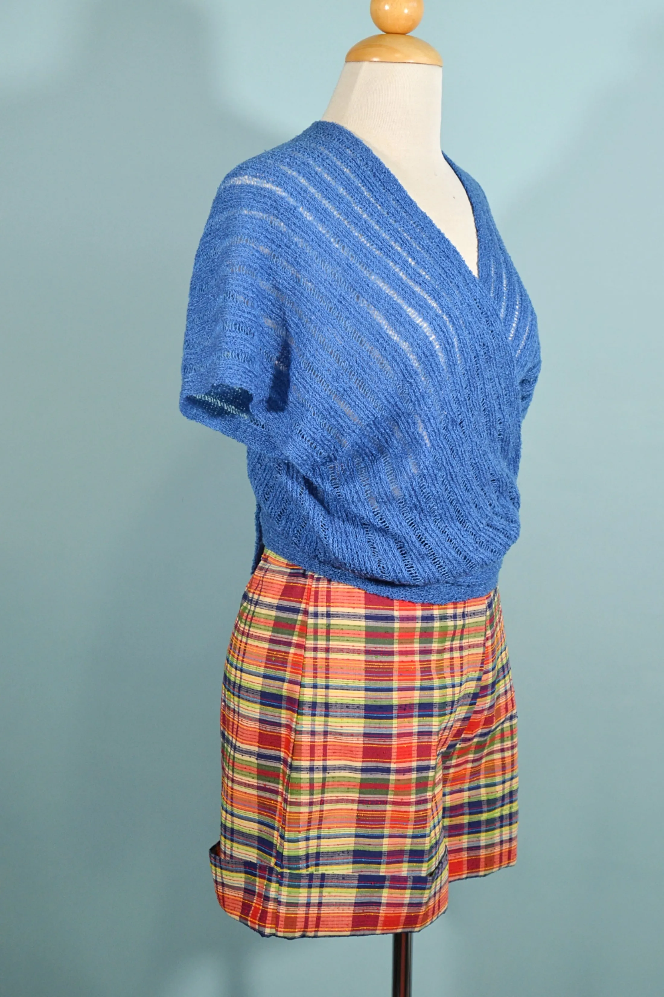 60s/70s Blue Knit Crop Top, Wrap Front M