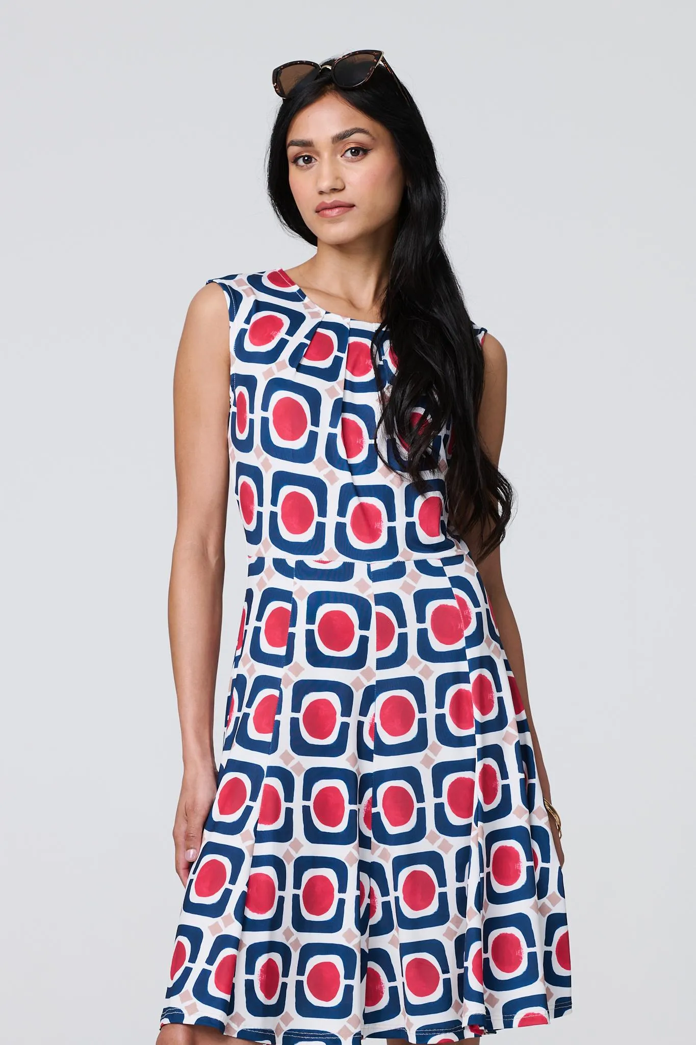 Abstract Print Sleeveless Knee Length Dress