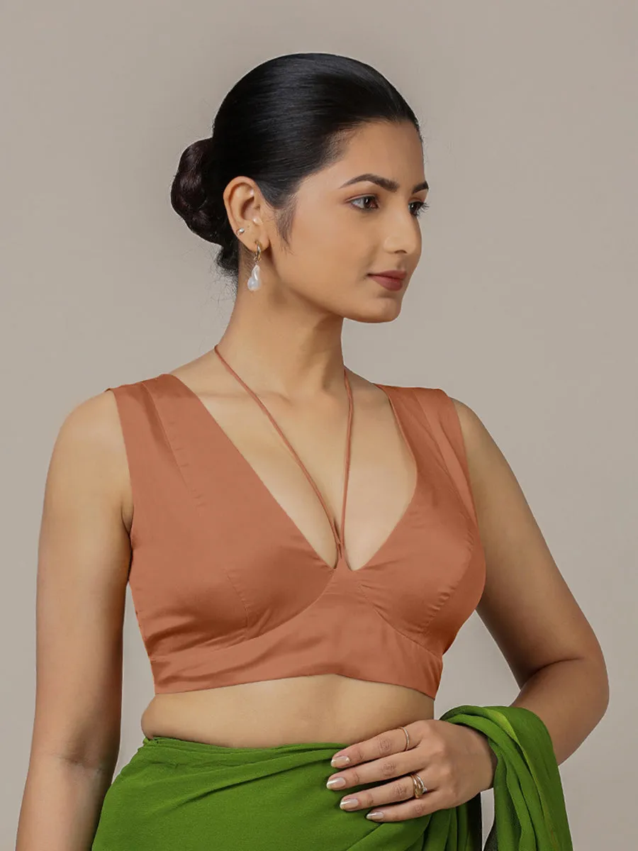 Ahana x Rozaana | Metallic Copper Sleeveless FlexiFit™ Saree Blouse with Plunging Neckline and Back Cut Out with Tie-up