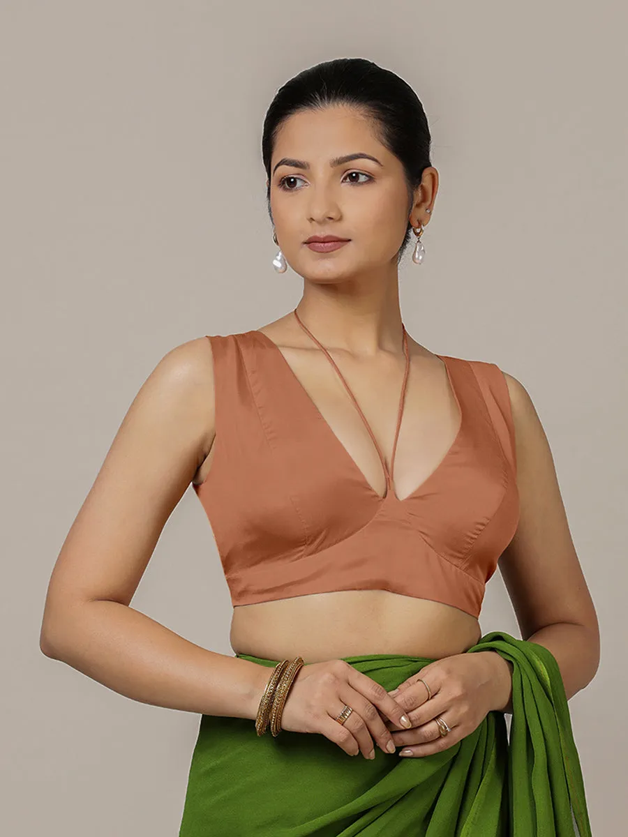 Ahana x Rozaana | Metallic Copper Sleeveless FlexiFit™ Saree Blouse with Plunging Neckline and Back Cut Out with Tie-up