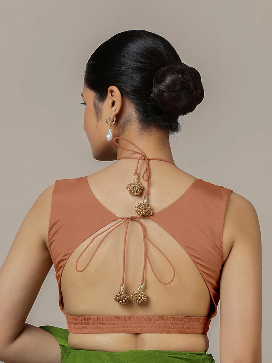 Ahana x Rozaana | Metallic Copper Sleeveless FlexiFit™ Saree Blouse with Plunging Neckline and Back Cut Out with Tie-up