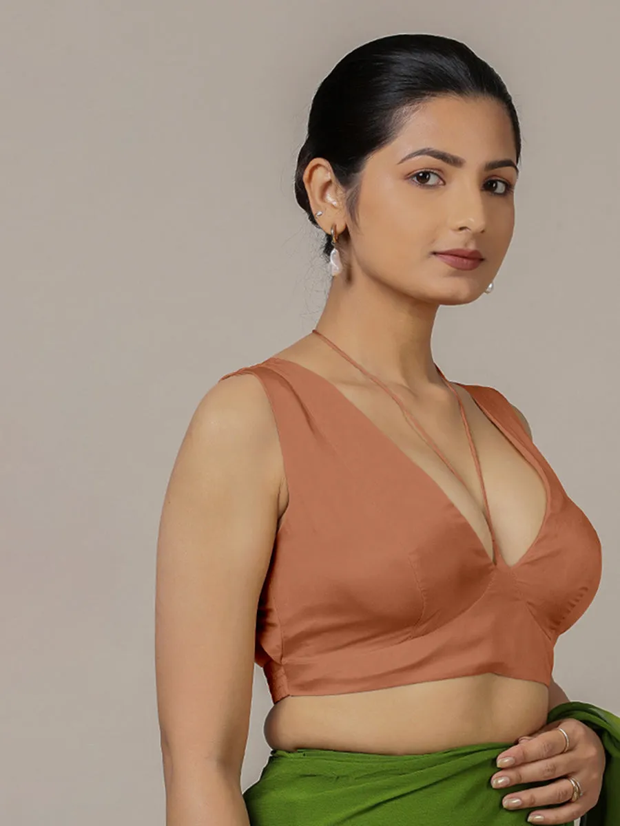 Ahana x Rozaana | Metallic Copper Sleeveless FlexiFit™ Saree Blouse with Plunging Neckline and Back Cut Out with Tie-up