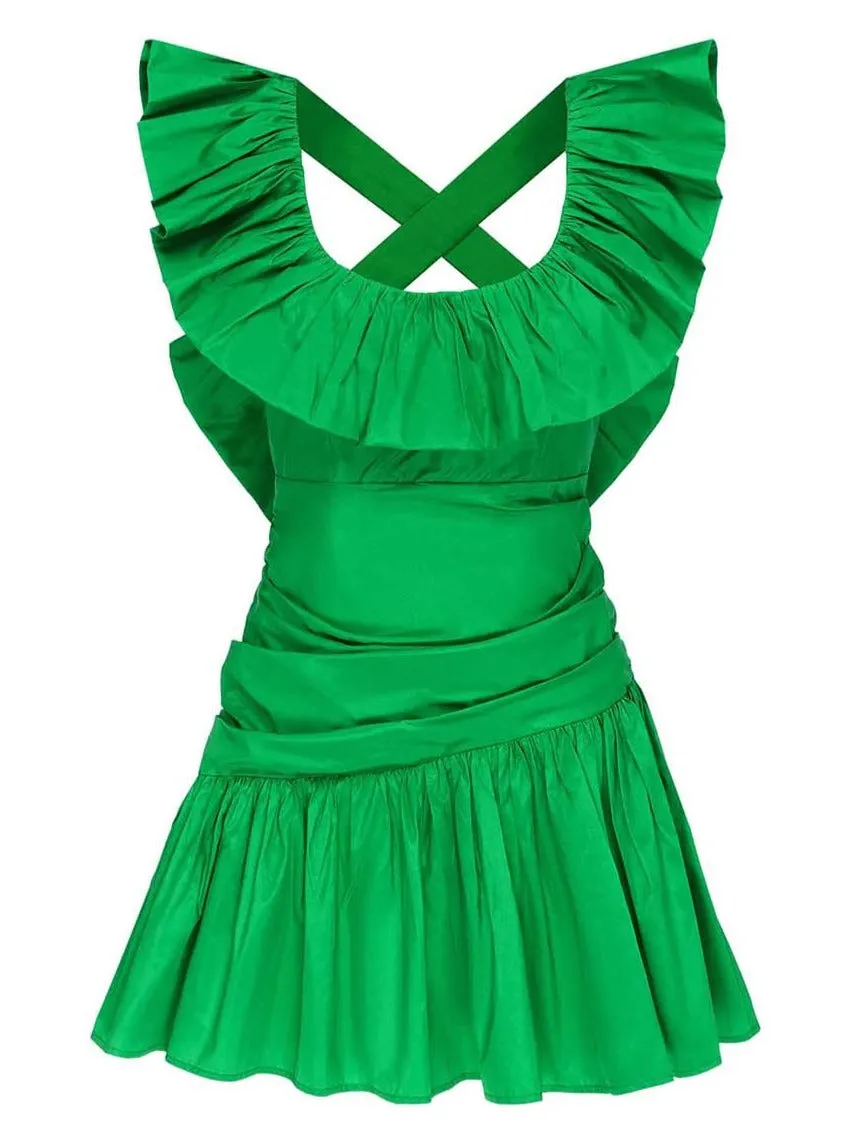 Alemais Doria Ruffle Neck Mini Dress in Emerald