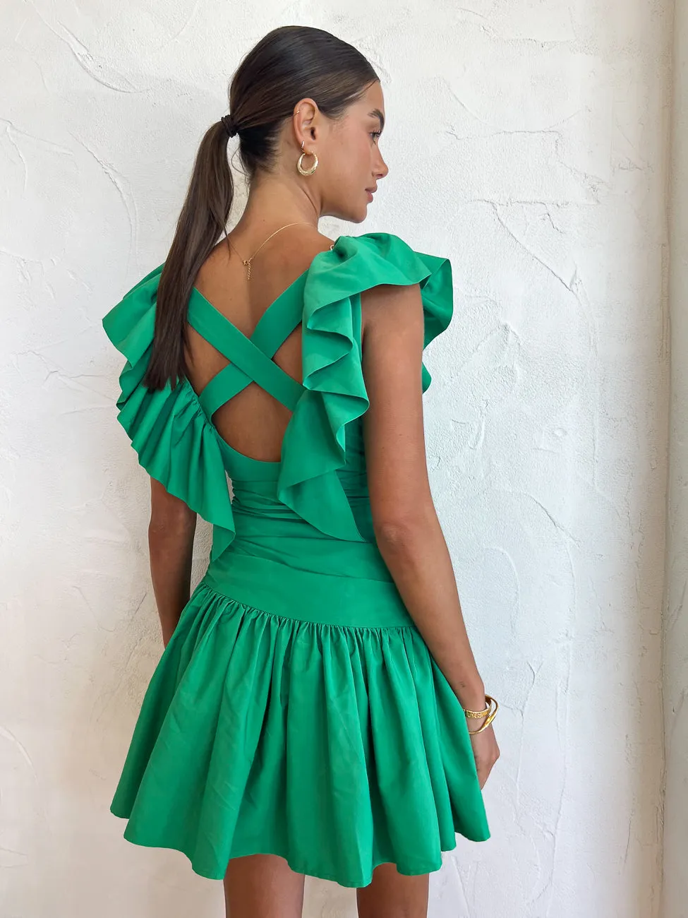 Alemais Doria Ruffle Neck Mini Dress in Emerald