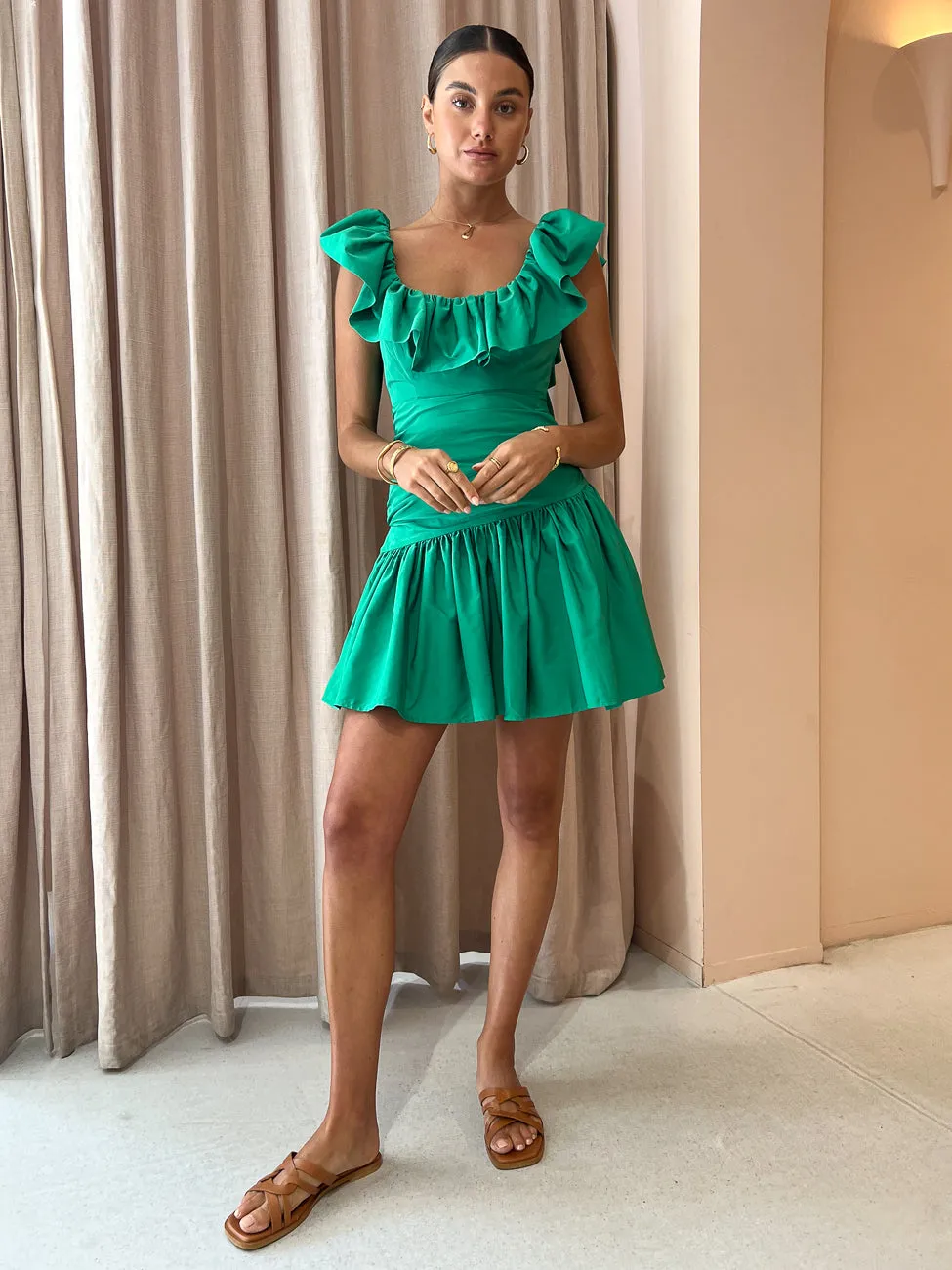 Alemais Doria Ruffle Neck Mini Dress in Emerald