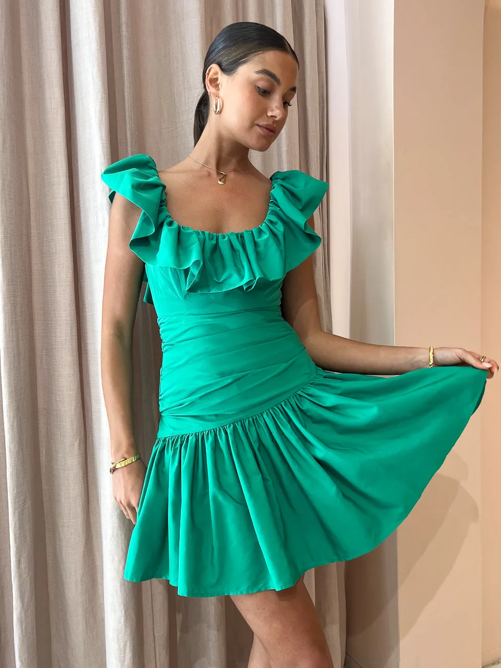 Alemais Doria Ruffle Neck Mini Dress in Emerald