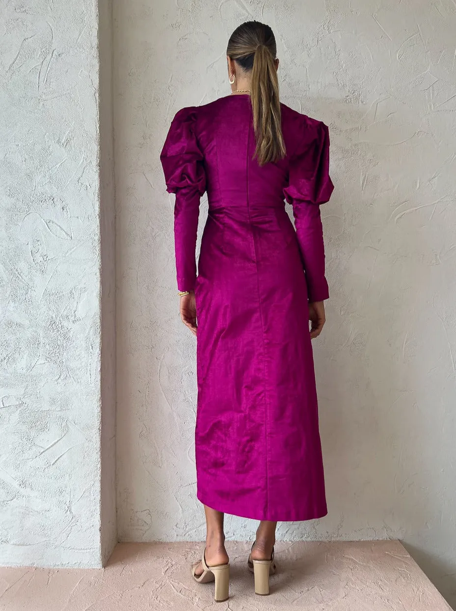 Alemais Rosario Midi Puff Sleeve Dress in Fushia