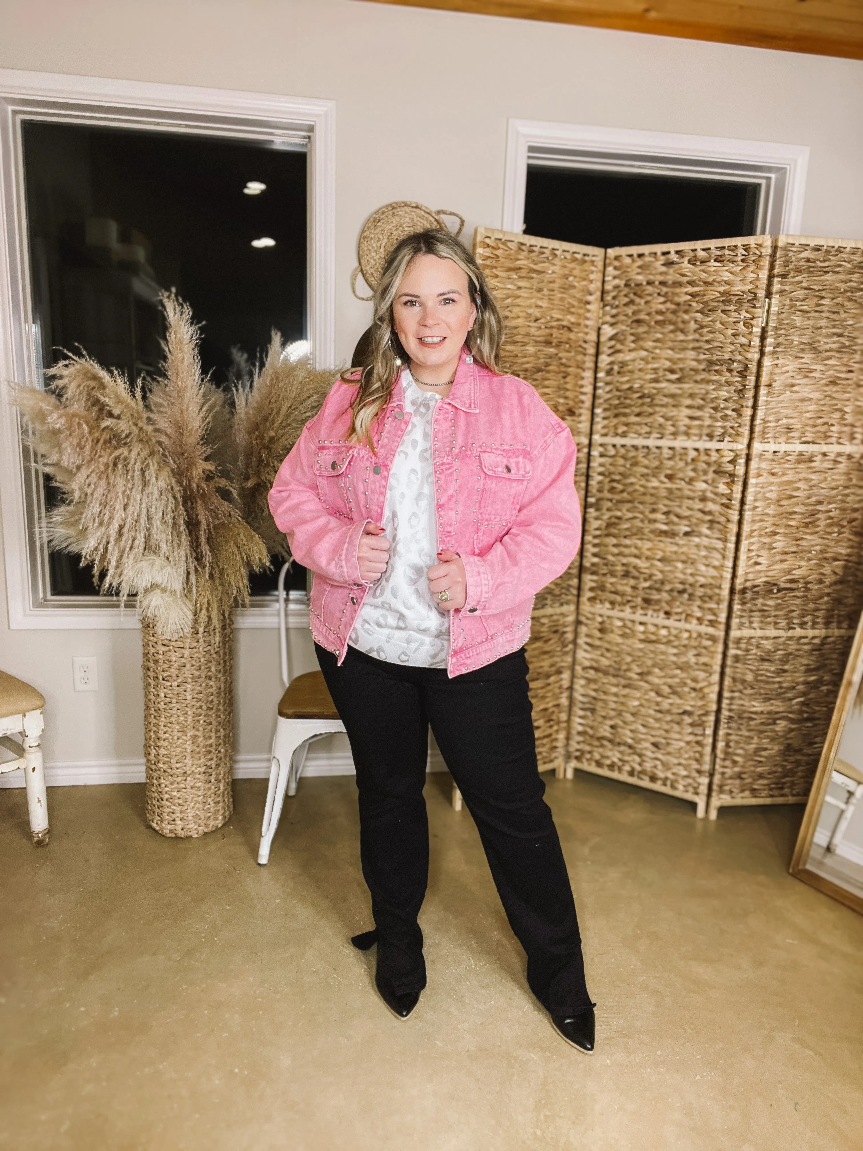 Always Impressed Cropped Denim Jacket with Silver Studs in Pink