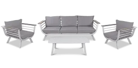 Amalfi 3 Seater with 2x Armchairs & Coffee Table in Arctic White with HPL Accent and Spuncrylic Stone Grey Cushions