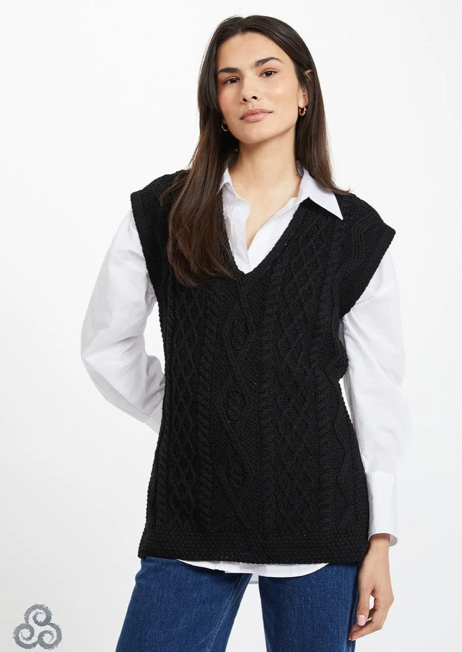 Aran V Neck Slipover Vest | Black