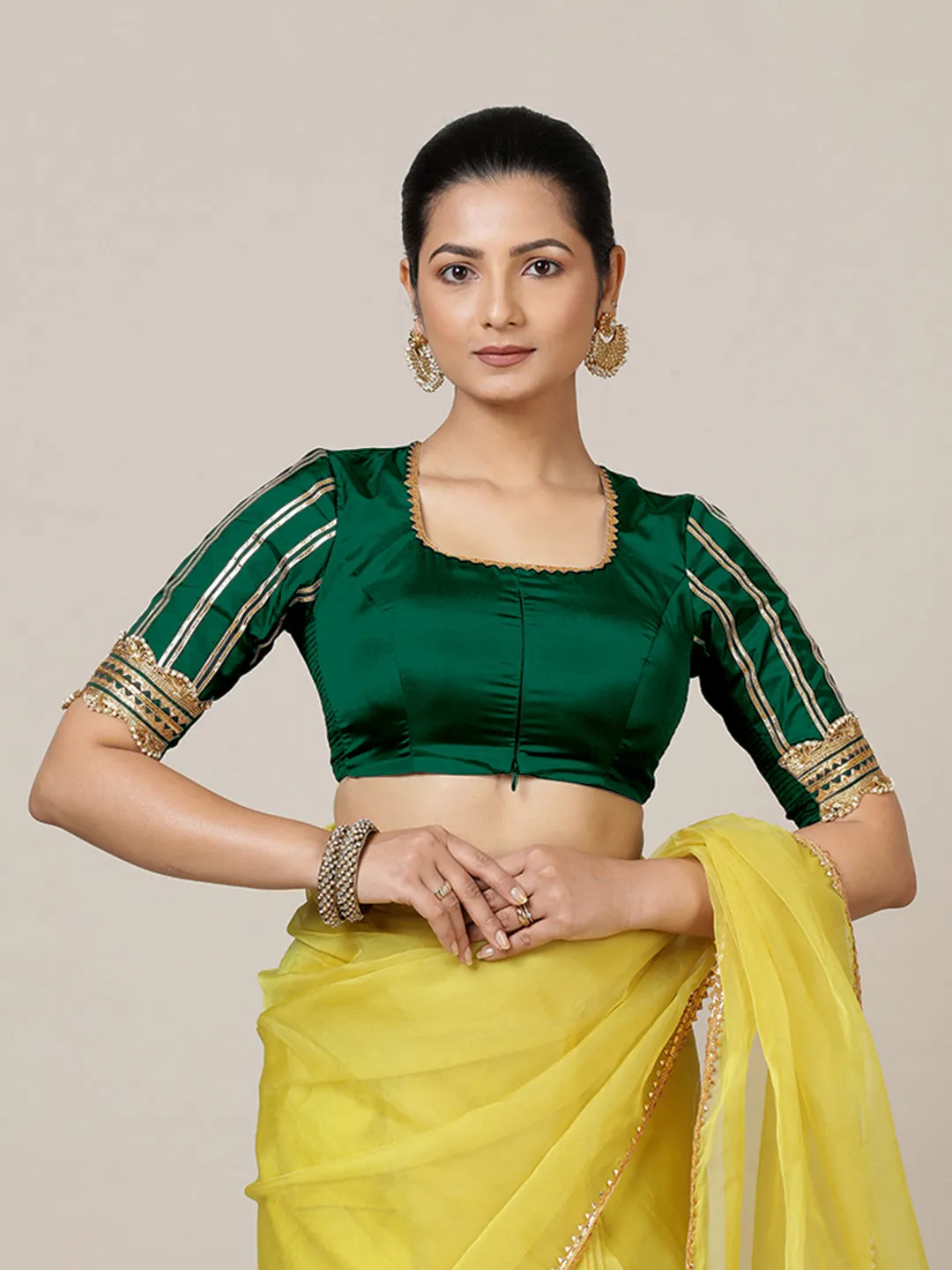 Aziza x Tyohaar | Elbow Sleeves Saree Blouse in Bottle Green