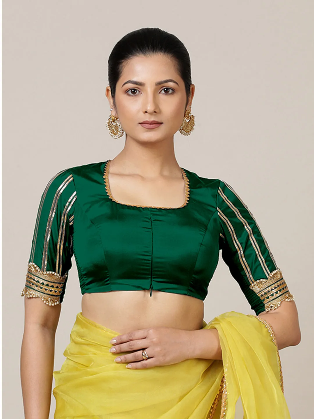 Aziza x Tyohaar | Elbow Sleeves Saree Blouse in Bottle Green