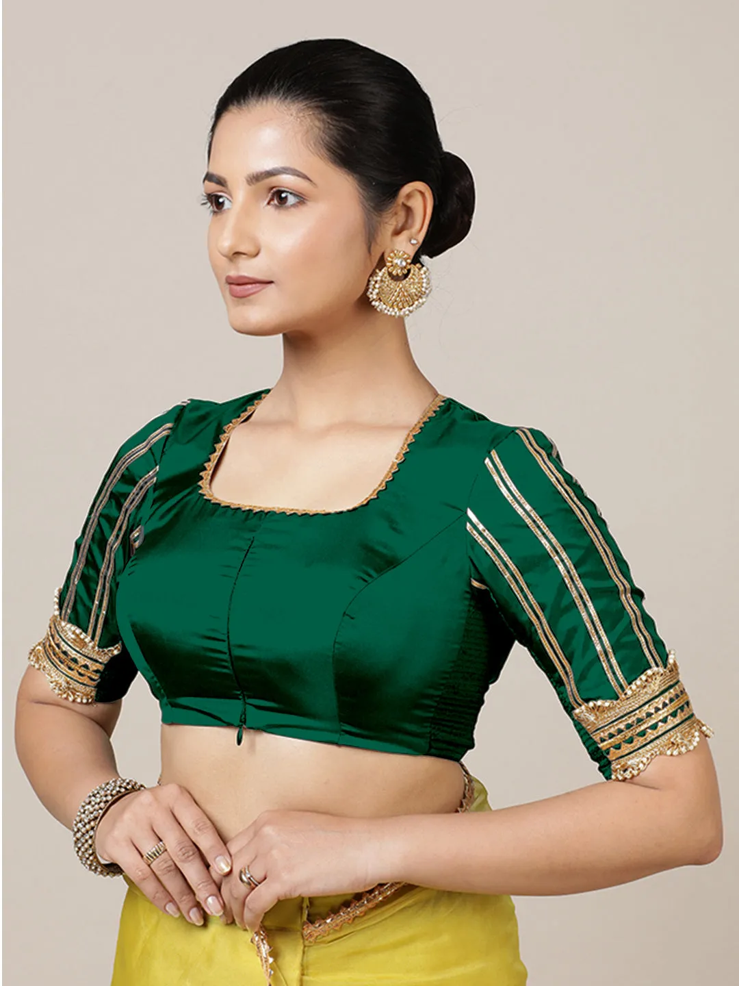 Aziza x Tyohaar | Elbow Sleeves Saree Blouse in Bottle Green