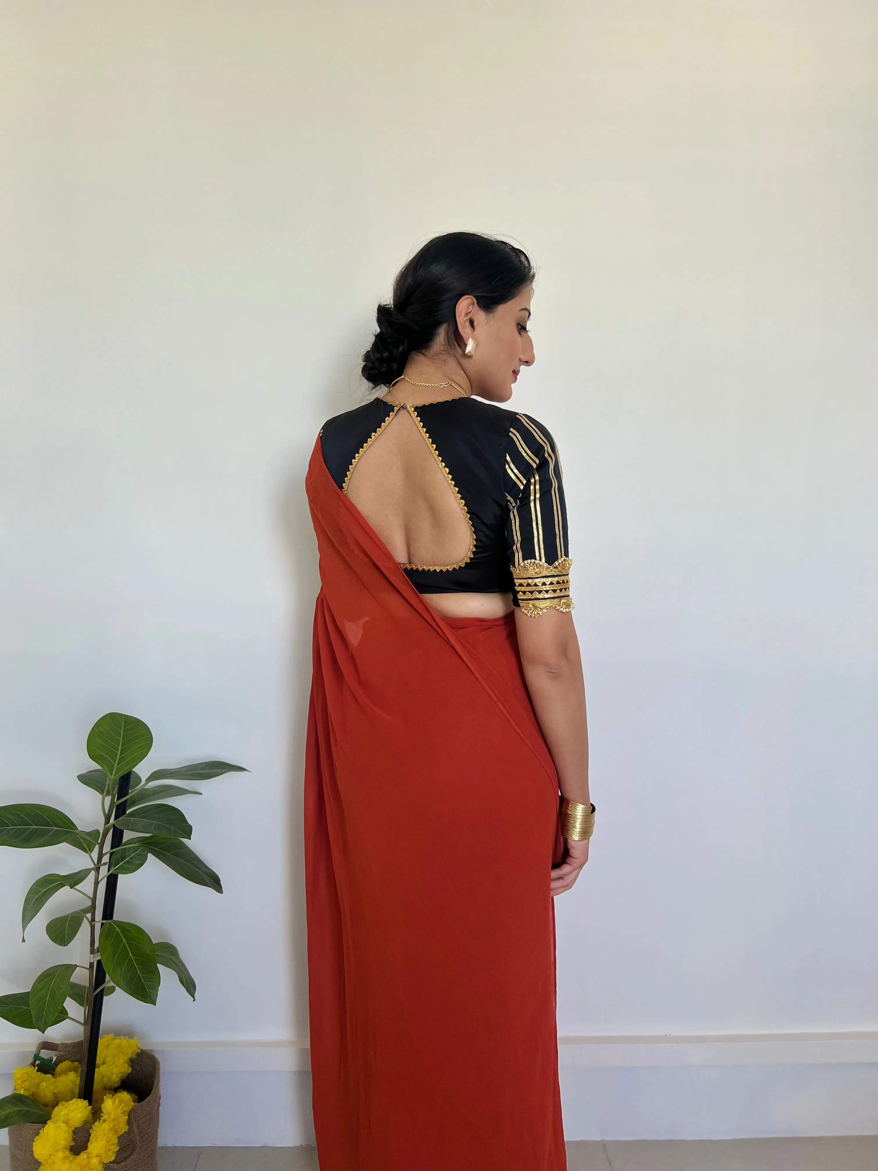 Aziza x Tyohaar | Elbow Sleeves Saree Blouse in Charcoal Black