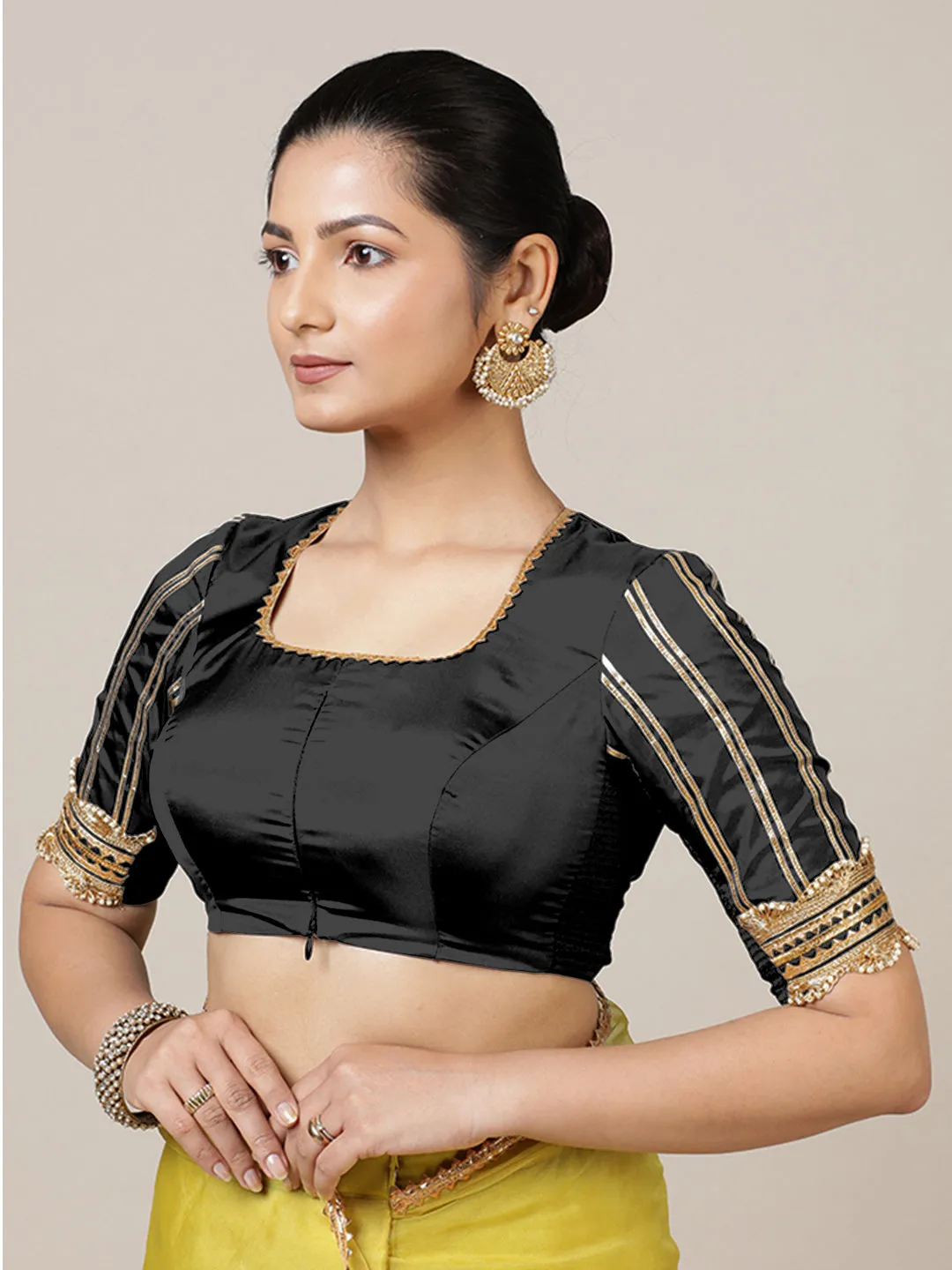 Aziza x Tyohaar | Elbow Sleeves Saree Blouse in Charcoal Black