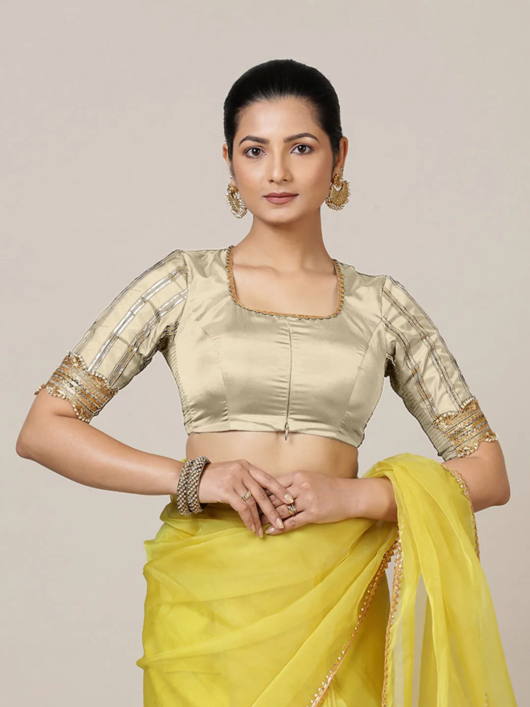 Aziza x Tyohaar | Elbow Sleeves Saree Blouse in Cream