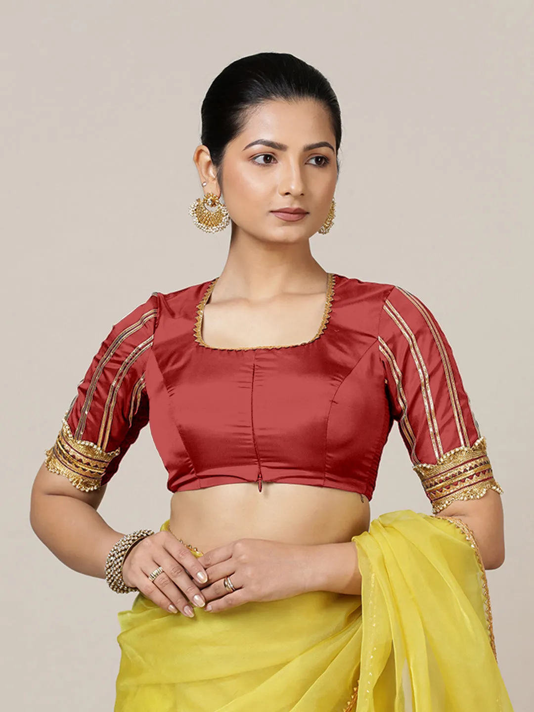 Aziza x Tyohaar | Elbow Sleeves Saree Blouse in Crimson Red