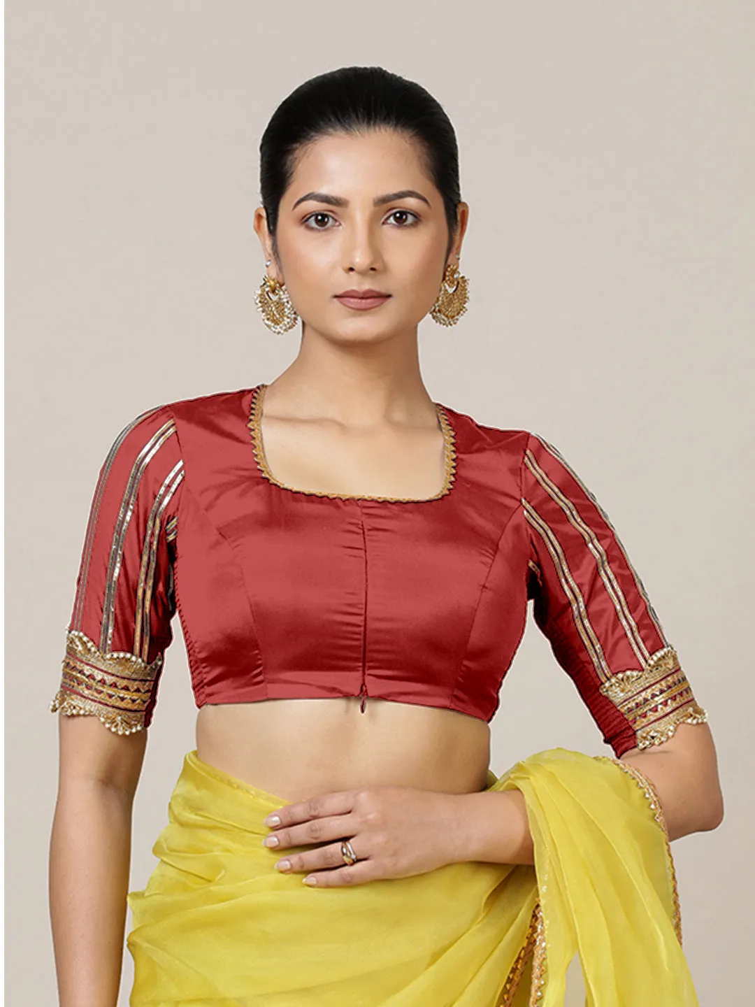 Aziza x Tyohaar | Elbow Sleeves Saree Blouse in Crimson Red