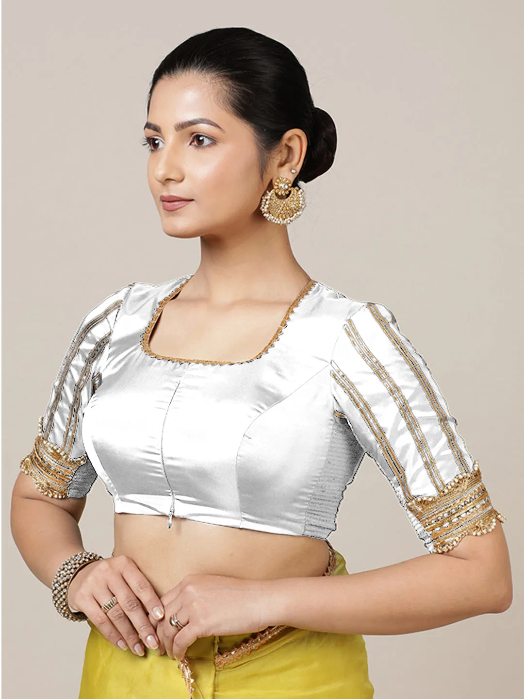 Aziza x Tyohaar | Elbow Sleeves Saree Blouse in Pearl White