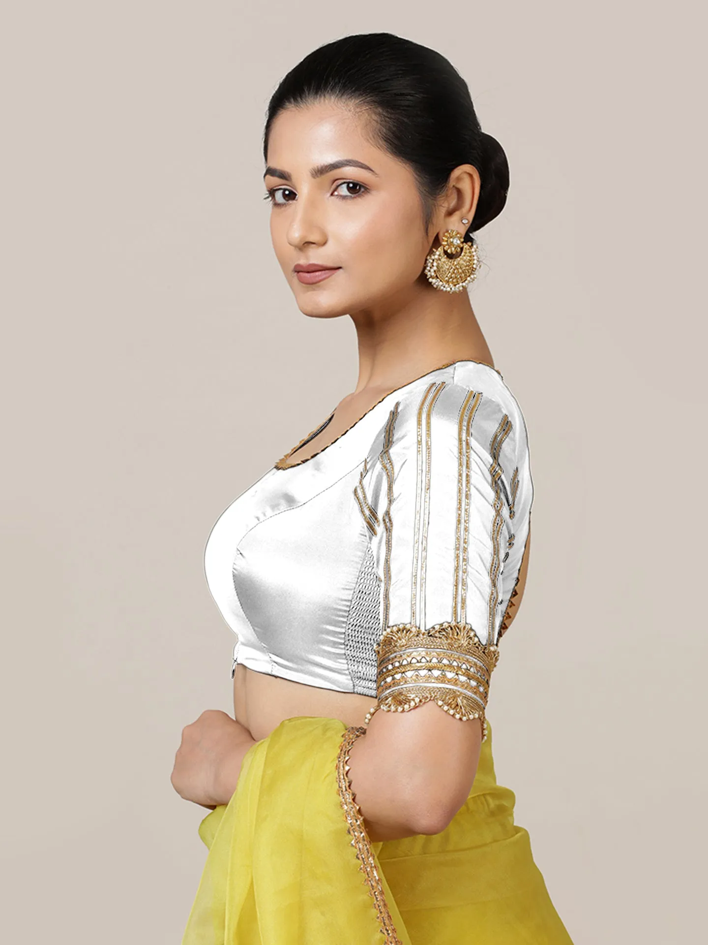 Aziza x Tyohaar | Elbow Sleeves Saree Blouse in Pearl White