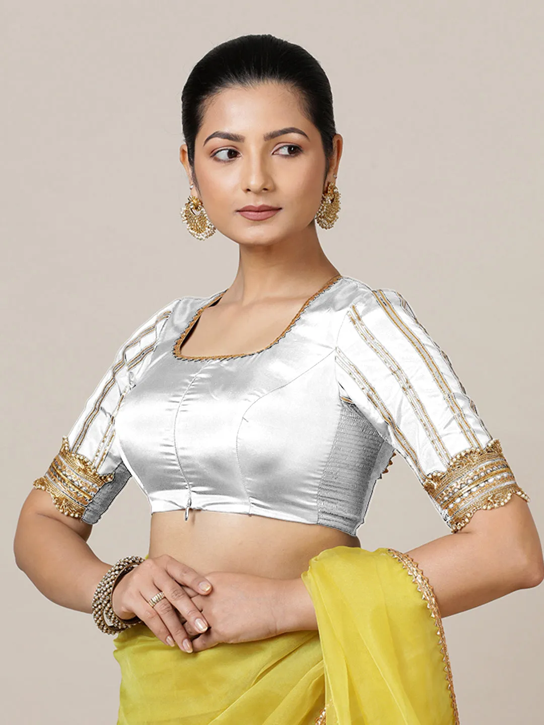 Aziza x Tyohaar | Elbow Sleeves Saree Blouse in Pearl White