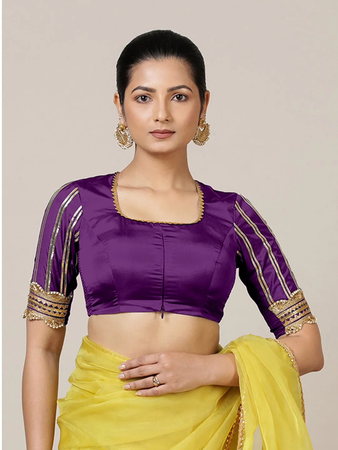 Aziza x Tyohaar | Elbow Sleeves Saree Blouse in Purple