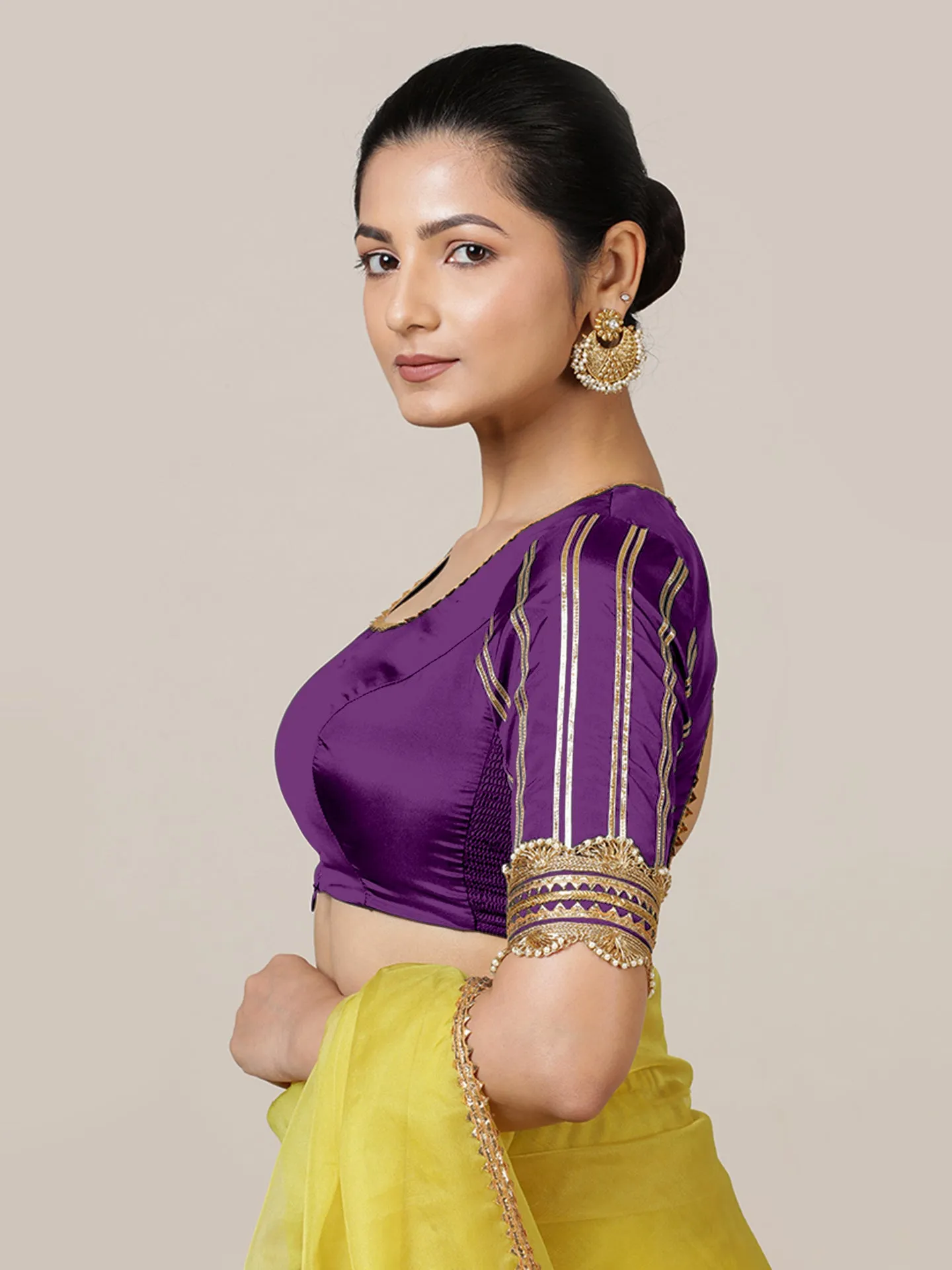 Aziza x Tyohaar | Elbow Sleeves Saree Blouse in Purple