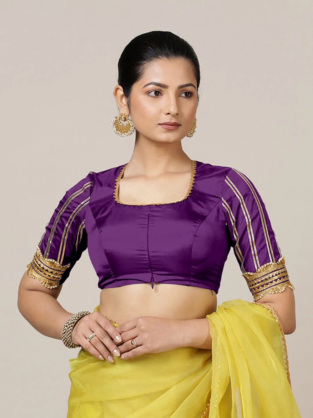 Aziza x Tyohaar | Elbow Sleeves Saree Blouse in Purple