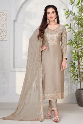 Beige Multicolor Thread, Sequins and Zari work Straight Cut Salwar Suit