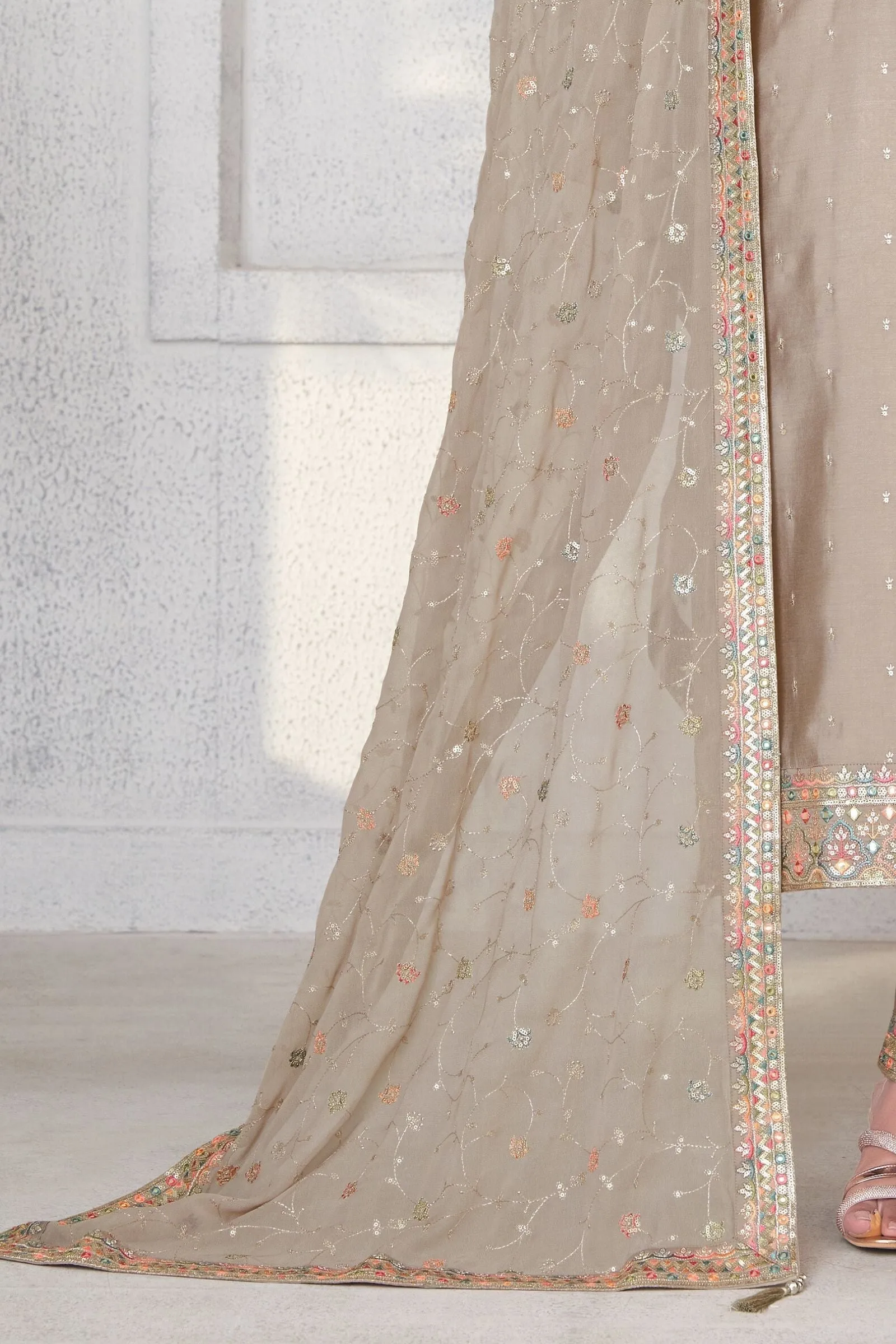 Beige Multicolor Thread, Sequins and Zari work Straight Cut Salwar Suit