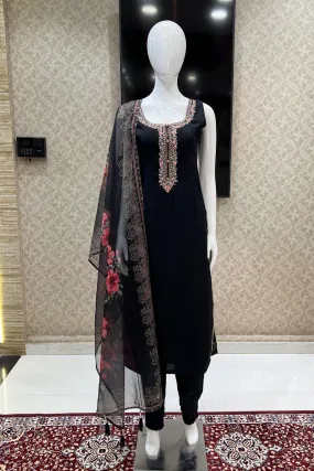 Black Multicolor Embroidery work Straight Cut Salwar Suit with Floral Print Dupatta