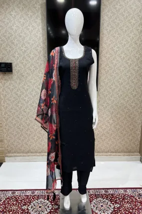 Black Zari, Stone and Beads work Straight Cut Salwar Suit with Floral Print Dupatta