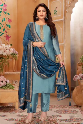 Blue Zardozi, Mirror, Sequins and Zari work Straight Cut Salwar Suit