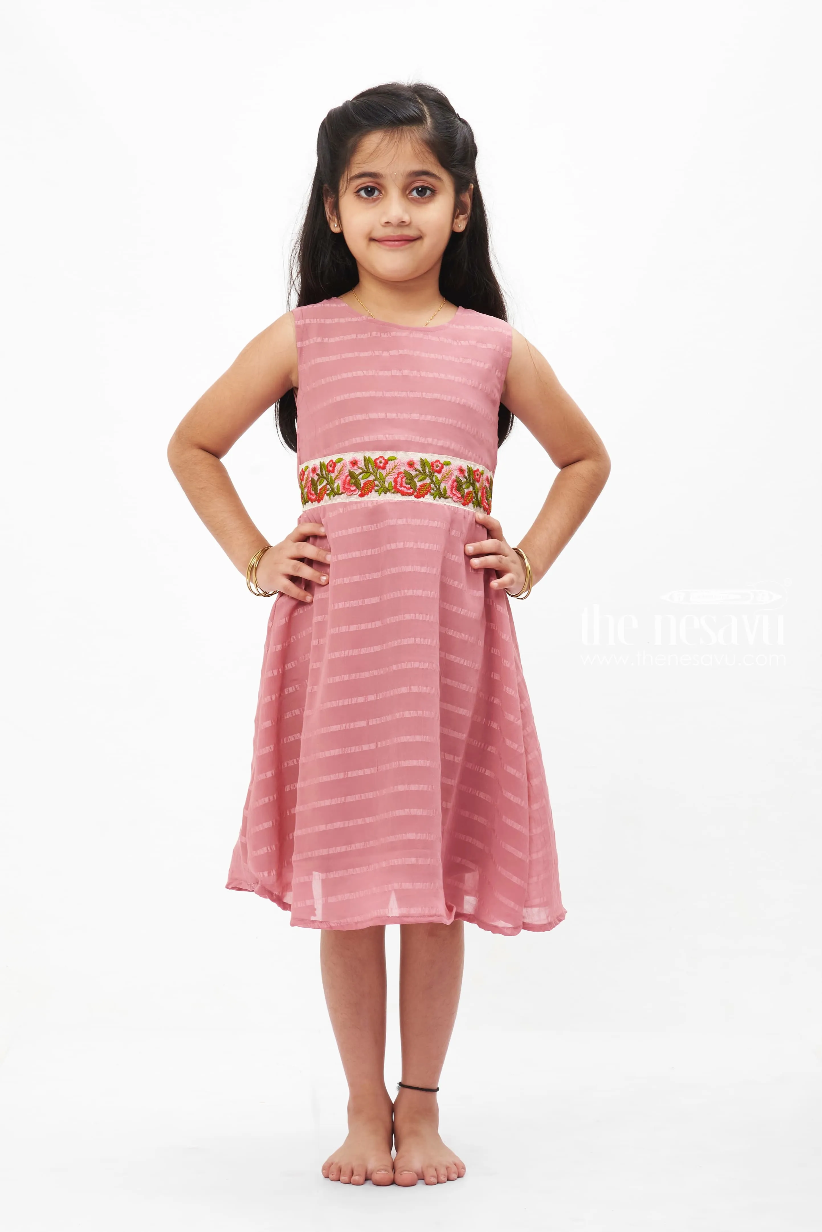 Blush Pink Elegance Dress: Subtle Stripes with Floral Embroidery for Girls