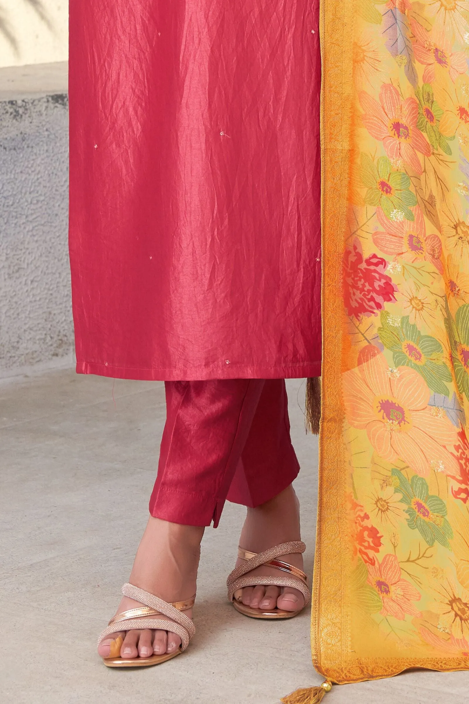 Brick Red Zardozi, Beads and Zari work Straight Cut Salwar Suit with Floral Print Dupatta