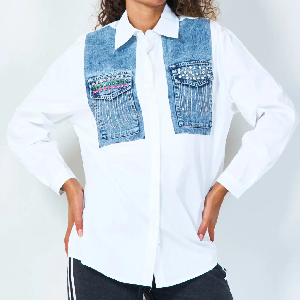 Contrast denim shirt with embellished pockets wholesale