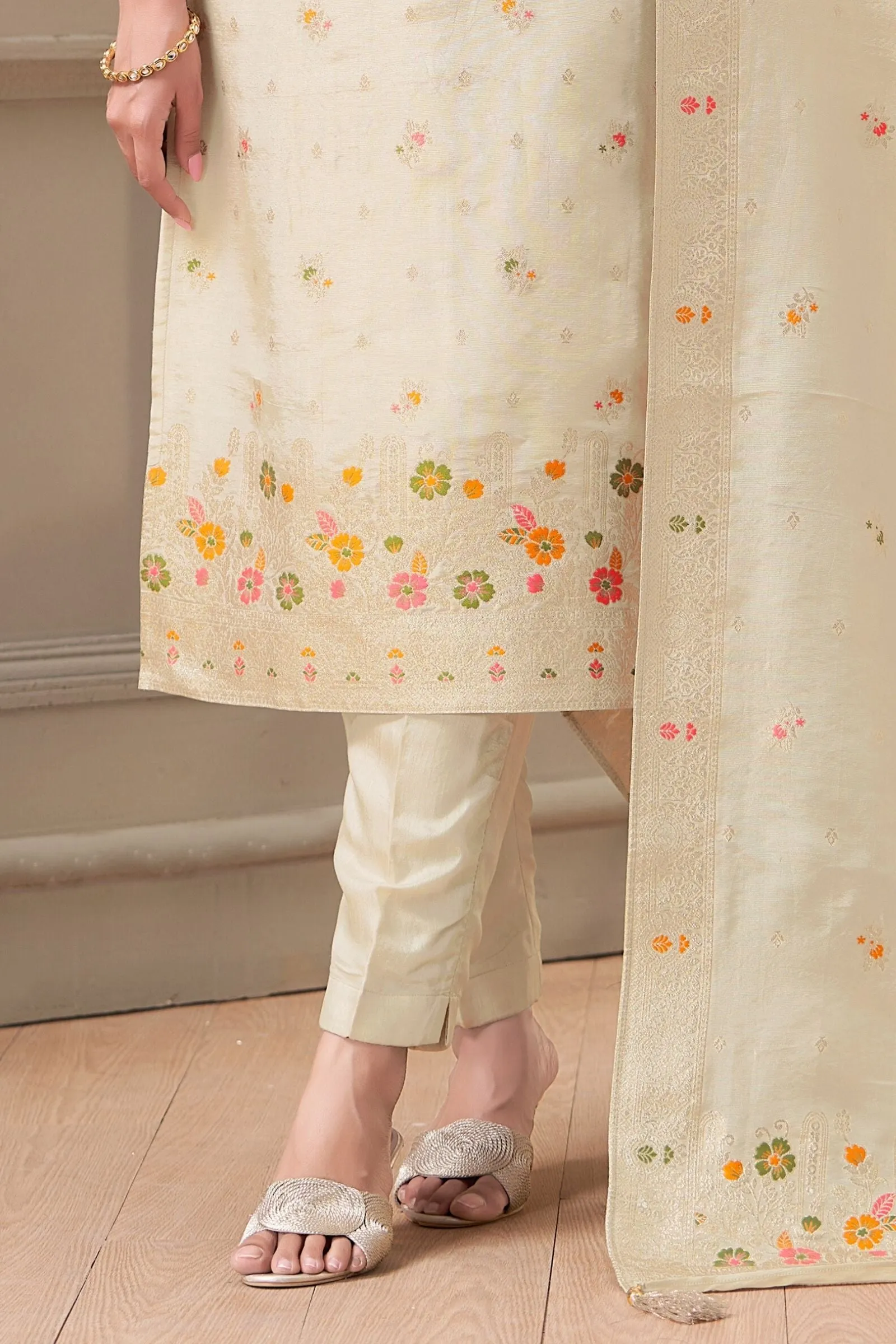 Cream Mirror, Thread and Stone work with Banaras Zari Weaving Straight Cut Salwar Suit