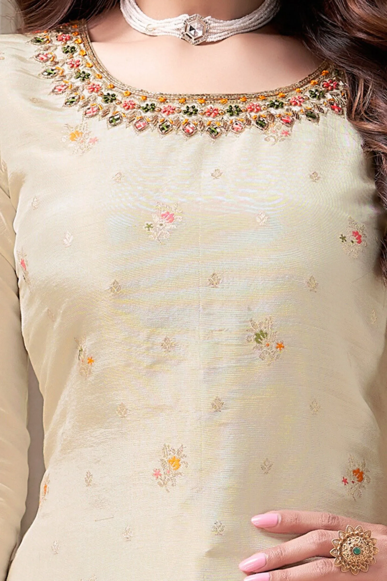 Cream Mirror, Thread and Stone work with Banaras Zari Weaving Straight Cut Salwar Suit