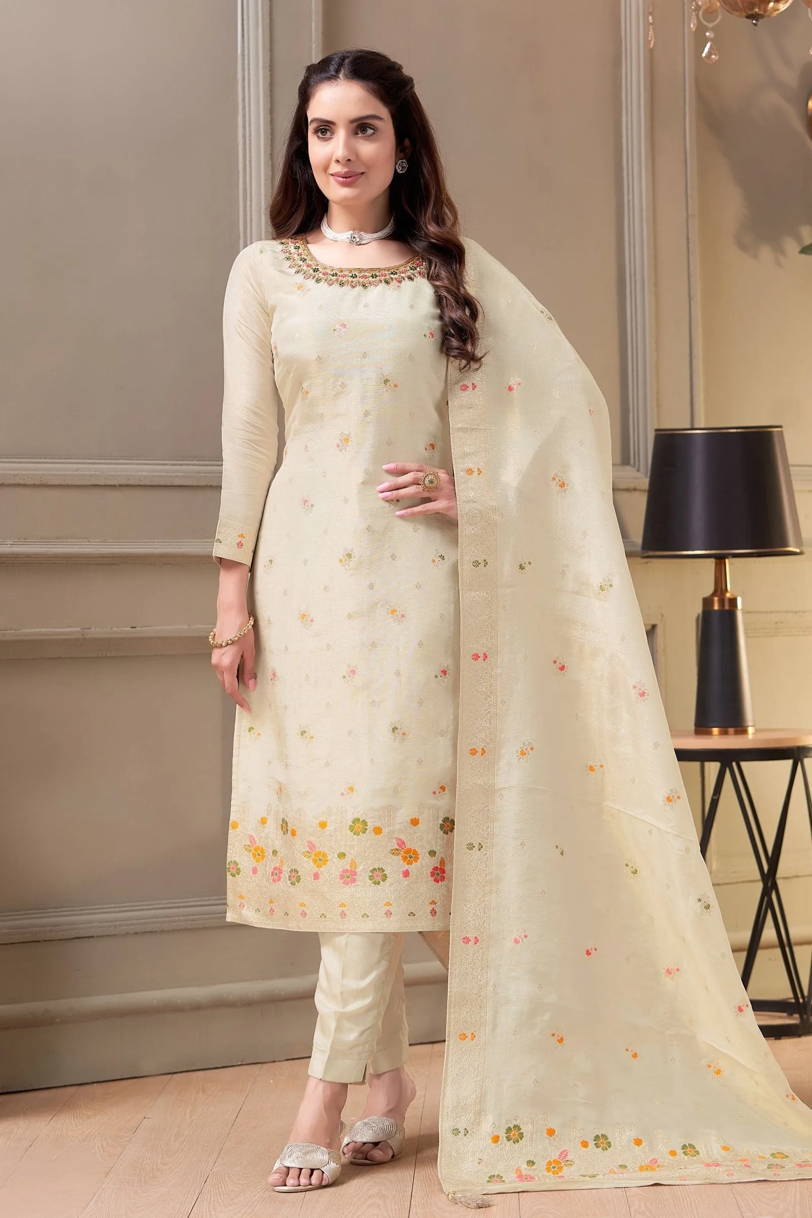 Cream Mirror, Thread and Stone work with Banaras Zari Weaving Straight Cut Salwar Suit